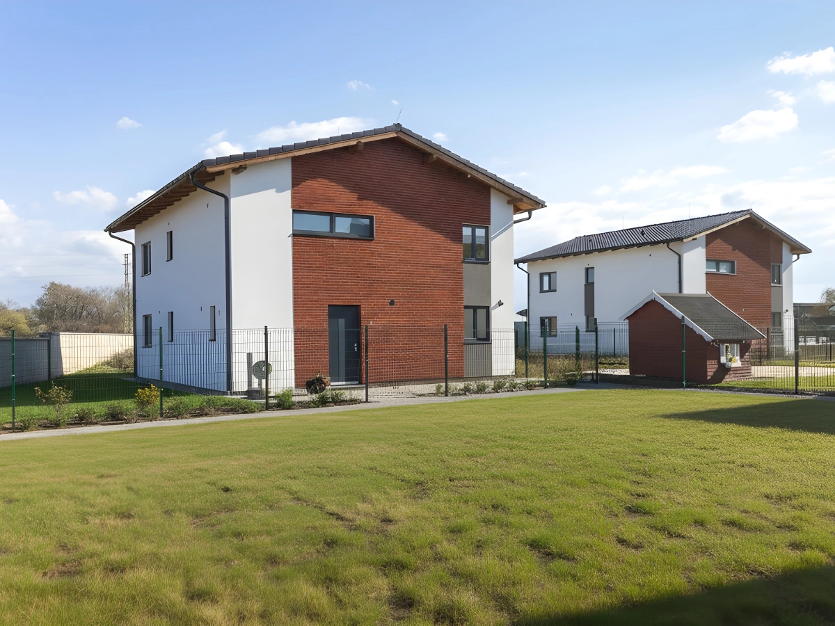 Luxusní rodinný dům v Kostelci nad Labem s moderní architekturou a kombinací světlé fasády a cihlového obkladu.